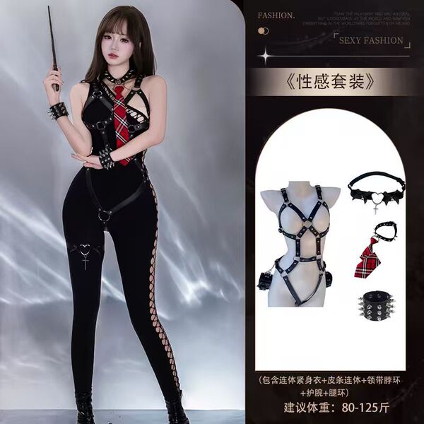 Gorgeous Cloud Sensual Mesh Bodysuit - Side Cutout Sheer One-Shoulder High-Stretch Tight-Fit Bodystocking for Women - 4661 Black Cotton Mesh Shirt + [4108 Leather Strap Jumpsuit + 8126 Punk Neck Ring and Tie + 8013 Bracelets * 2 + 8133 Cross Leg Rings]