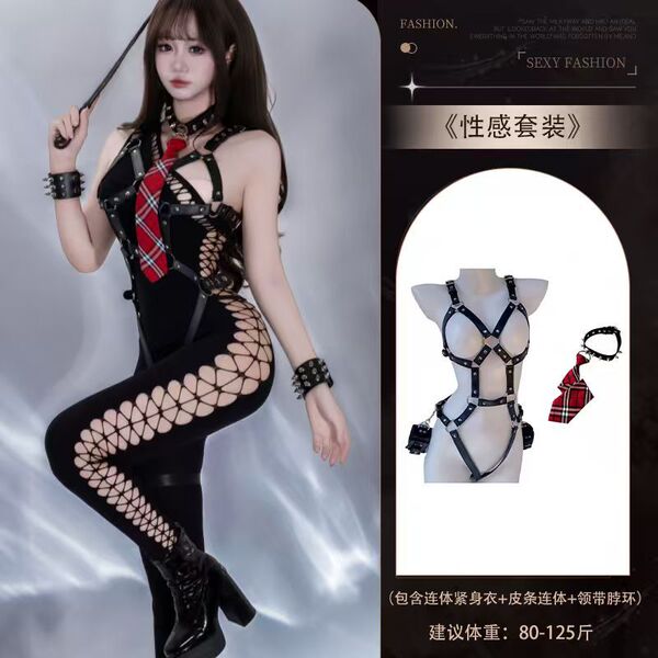 Gorgeous Cloud Sensual Mesh Bodysuit - Side Cutout Sheer One-Shoulder High-Stretch Tight-Fit Bodystocking for Women - 4661 Black Cotton Mesh Shirt + [4108 Leather Strap Jumpsuit + 8126 Punk Neck Ring Tie]