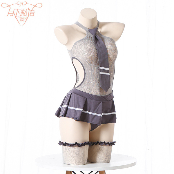 Sexy Student JK Uniform Set with Sheer Mesh Dress, Fishnet Stockings & Corset Style Bodysuit - grey