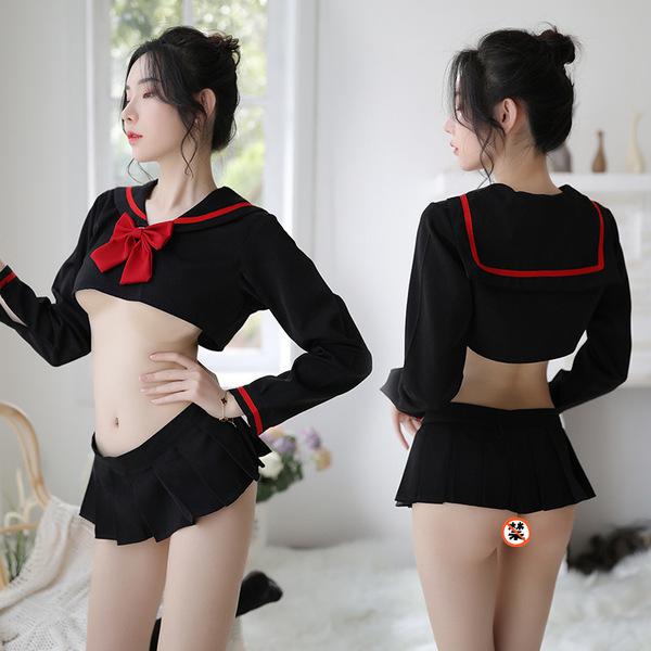 Sailor-themed long sleeve role play costume featuring a black top with red accents and matching skirt, perfect for photoshoot...