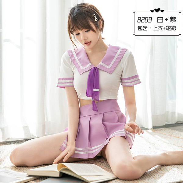 Japanese-Style Student Uniform Lingerie Set with Bow - Sexy Role Play Costume for Women - Purple Set [High Quality]