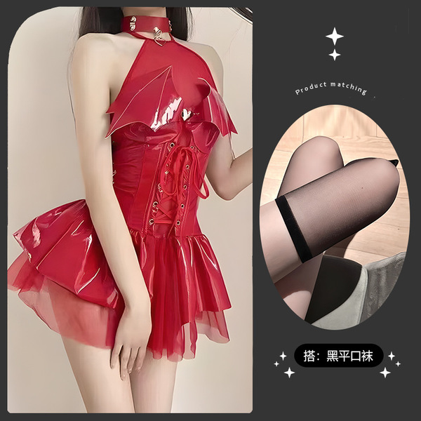Sexy Role Play Lingerie Set - Nurse Costume Outfit for Women, Flirty Uniform Sleepwear for Small Bust - Red stockings with black trim