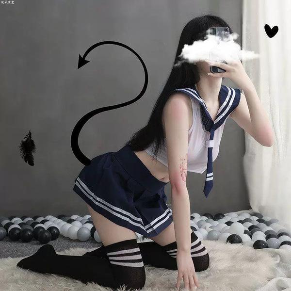 Sexy womens role play student outfit featuring a sailor-style uniform, sheer stockings, and an open-crotch design for easy we...