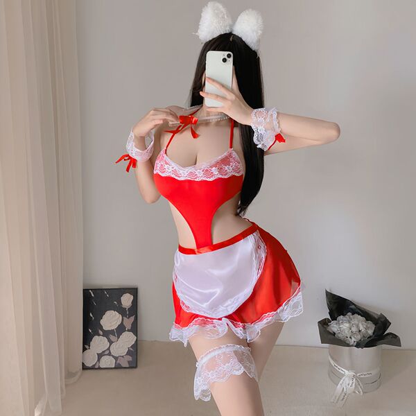 Lace Role Play Costume Set - Sexy Maid Outfit with Sheer Mesh & Hollow Detail, Cosplay Uniform for Women - red