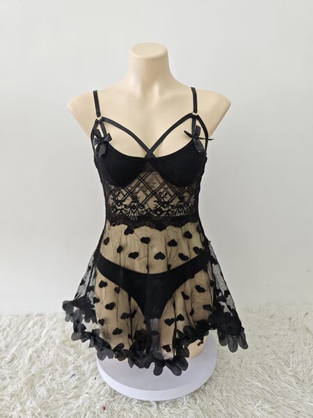 Red Lace Love Flower Sleep Dress Set - Sexy Sheer Mesh Intimate Lingerie for Women, Wholesale Erotic Nightwear - black