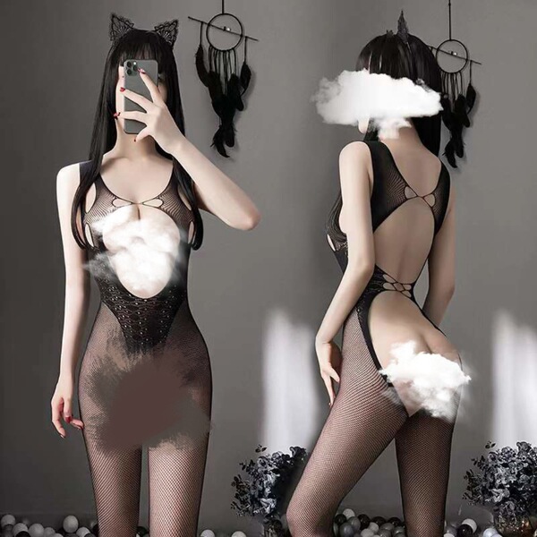 Manny Night Seductive Sheer Mesh Bodysuit with Open-Crotch Tights - Sexy Lingerie Set for Women - 499
