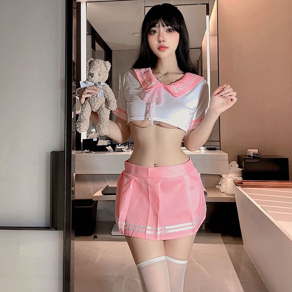 Hot Jk Uniform Lingerie Set - Seductive Sailor Style Sleepwear & Bedroom Play Outfit - Pink outfit (socks not included)