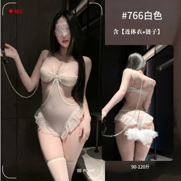 Baiyueguang Pure & Tempting Lingerie Set - Sexy Sheer Mesh with Ruffled Open-Crotch Chain Detail - White + 5001 White