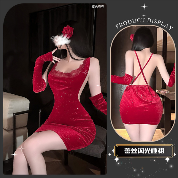 QingShe New Year Lingerie Set - Modest Chic Sleep Dress with Lace Trim, Bodycon Slip & Strapless Top - 5009 New Year's Silver-Sprinkled Bodycon Skirt [Red]