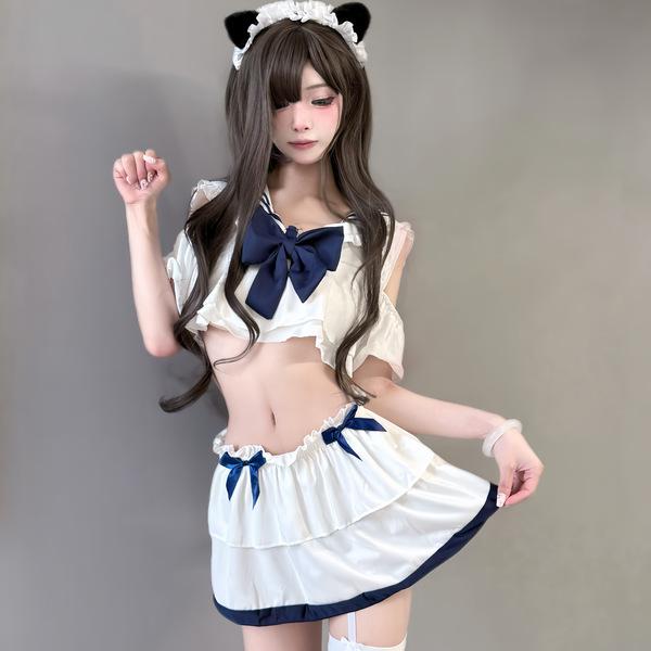 Sailor-style sexy lingerie set - sheer jk uniform costume for women, cute soft girl bedroom outfit with white top, navy bow, ...