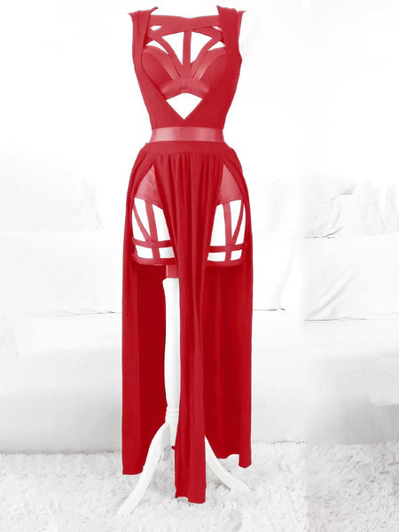 European-Style Sexy Lace Bodysuit with Built-in Pads & Sheer Mesh Skirt - Elegant Erotic Lingerie Set - red
