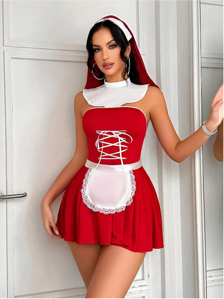 Sexy Maid Costume Set for Women - Lingerie Role Play Outfit with Backless Design & Adjustable Straps - red