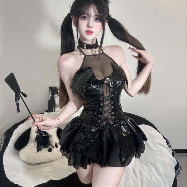 Sexy devil lingerie set - sheer temptation outfit with leather-look straps and bedroom bondage style