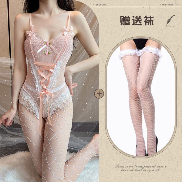 Qingran Sexy Lace Bodysuit with Ties & Snap Crotch - Seductive Sweet Uniform Style Babydoll Set - Pink + 506 lace fishnet stockings white