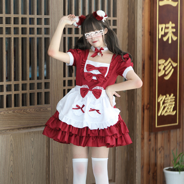 Japanese Style Cosplay Maid Dress - Cute Pink Soft Girl Uniform Costume Set for Role Play - Claret