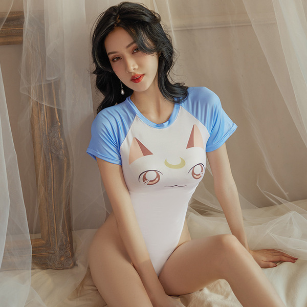 Anime cosplay lingerie set featuring a cute cat design, sexy open-crotch bodysuit style costume outfit.