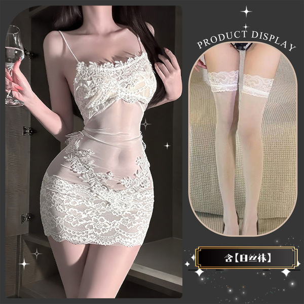Hidden Water Seductive Lace Bodysuit - Pure & Tempting Maid Costume Sleepwear with Open-Crotch Design for Women - White + white stockings