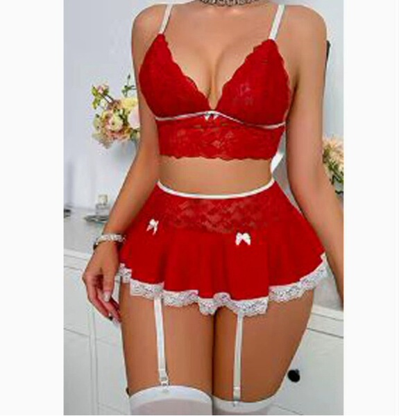 Lace Seductive Maid Costume Set - Sexy Mini Skirt & Matching Top for Women - red