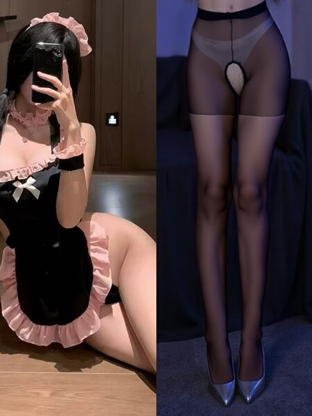 Sexy Small-Bust Enhancing Lingerie Set - Seductive Maid Costume with Peekaboo Butt, Bedroom Role Play Outfit for Couples - Black + Black Open Crotch Socks