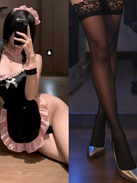 Sexy Small-Bust Enhancing Lingerie Set - Seductive Maid Costume with Peekaboo Butt, Bedroom Role Play Outfit for Couples - Black + black stockings
