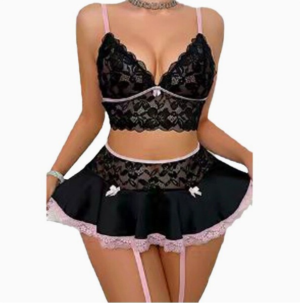 Lace Flirty Maid Outfit Set - Sexy Cross-Border Erotic Mini Skirt & Top for Women - black