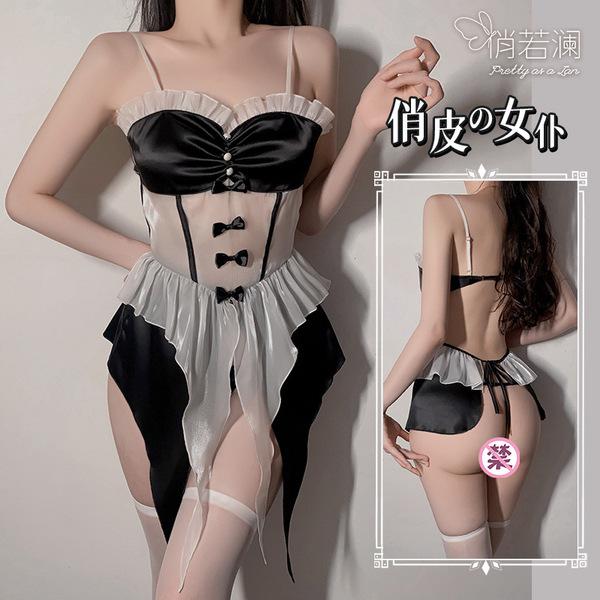 Sexy maid costume set for women featuring black and white design, open-crotch style, sweet and alluring lingerie.