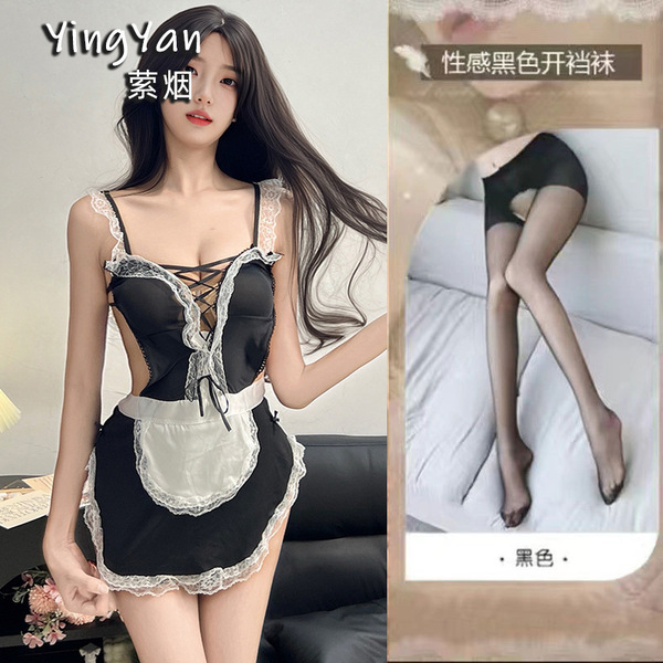 Yingyan Seductive Lace Lingerie Set - Maid Costume with Adjustable Straps, Pure Temptation Role Play Outfit - 0945 Black + Black Open Crotch Socks
