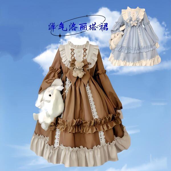 Lolita-style dress featuring ruffles and lace, perfect for cosplay with a cute bunny accessory.