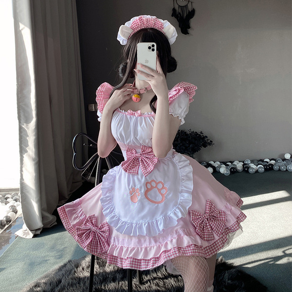 Anime Maid Costume - Cute Lolita Cosplay Dress for Halloween, Anime Convention & Role Play - Love Cat Maid Pink
