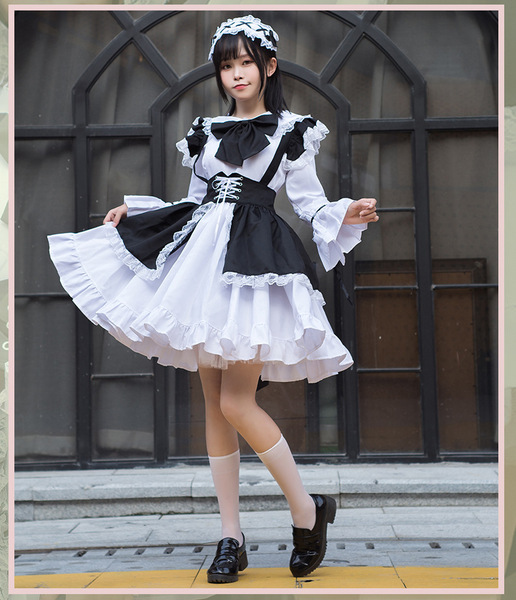 Gothic Lolita Maid Dress - Black & White Cute Japanese Style Costume for Halloween & Cosplay - White
