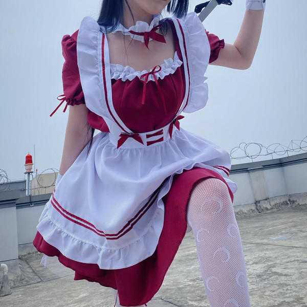 Japanese Black & White Maid Dress for Women - Cute Lolita Cosplay Costume, Plus Size Kawaii Servant Outfit - red