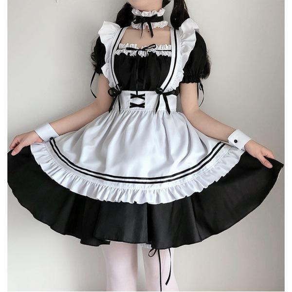 Japanese anime maid costume - cute sweet sexy cosplay dress for girls, lolita performance outfit with ruffled sleeves and apr...