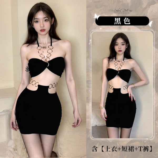 New Women's Sexy Lace Bralette with Metal Rings - Backless Halter Crop Top & Ultra-Slim Pencil Skirt Set - black