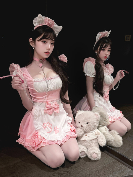 Qingran Maid Costume Cosplay Outfit - Cute Cat Ear Lolita Servant Dress for Women - pink