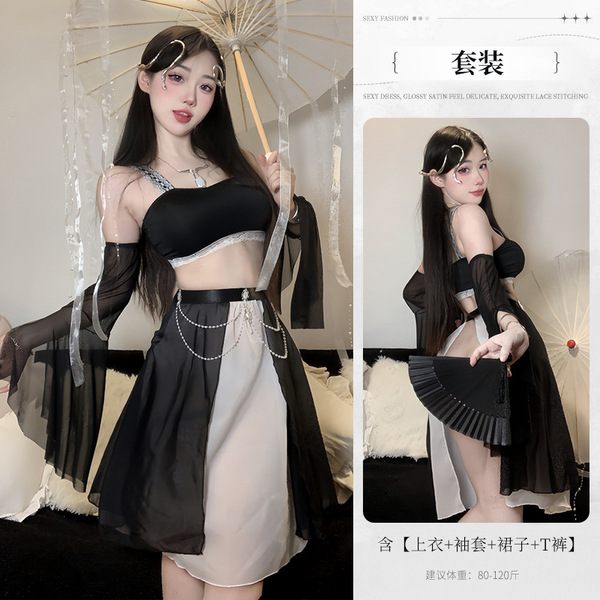 Ancient Chinese Hanfu Lingerie Set - Sheer Sensual Sleep Dress & No-Remove Costume for Performance or Role Play - Image color