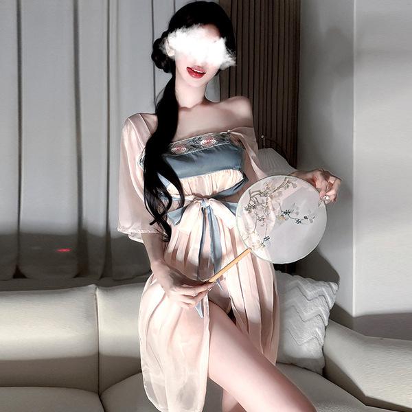 Vintage-inspired sheer chiffon hanfu dress with elegant floral embroidery, paired with a delicate palace-style dudou fan, per...