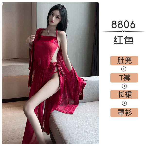 Hanfu-Inspired Red Sheer Corset Set - Seductive Palace-Style Chinese Bridal Lingerie & Empress Costume - red