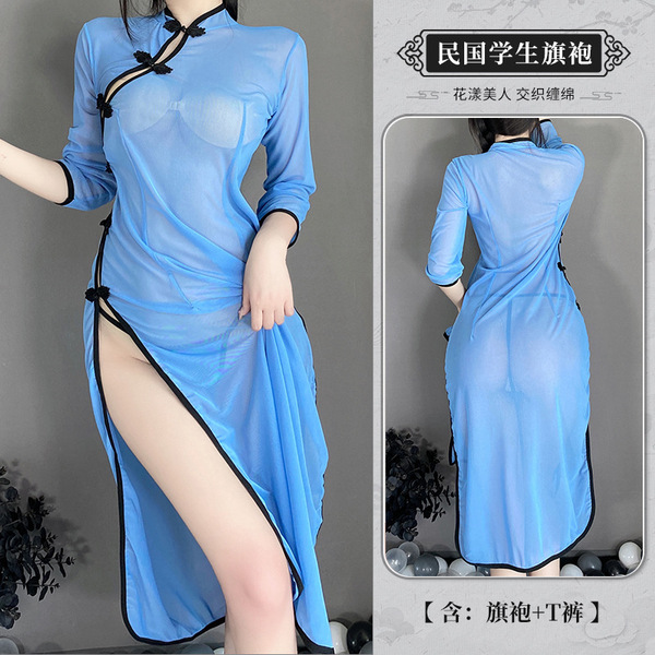 Vintage Chinese-Inspired Sheer Side-Slit Lingerie Dress – Hanfu-Style Erotic Sleep Gown & Modern Qipao Costume - Image color