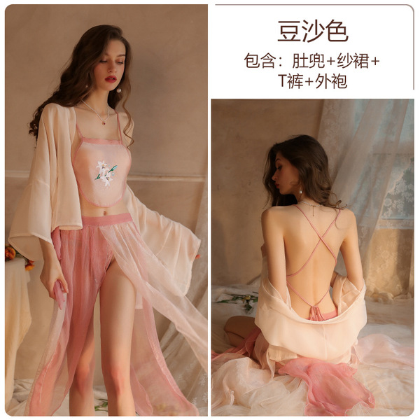 Sexy Ancient Chinese Style Lingerie Set – Embroidered Sheer Hanfu Doudou Bedroom Costume Outfit - pink
