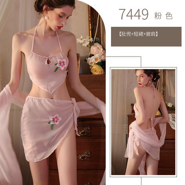 Yeqin Roleplay Lingerie Set - Seductive Chinese-Style Bodice Bra, No-Remove Erotic Costume Outfit for Adults - pink
