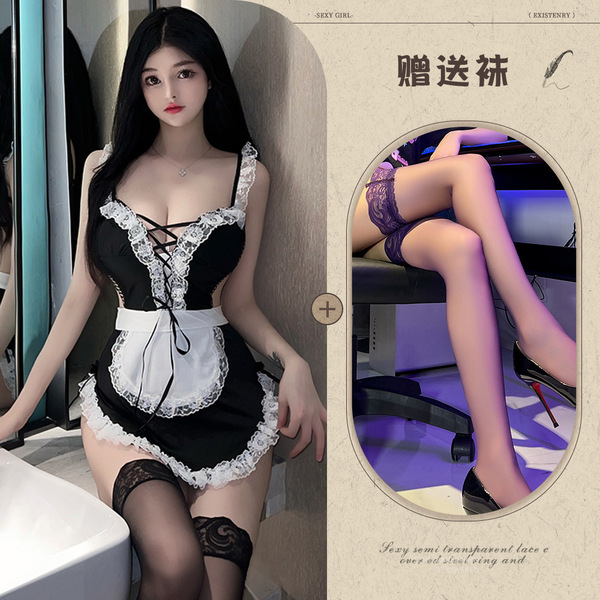 Night-Su Seductive Lace Maid Costume - Role Play Erotic Sleep Dress with Ties & Sheer Mesh - Image set + black stockings