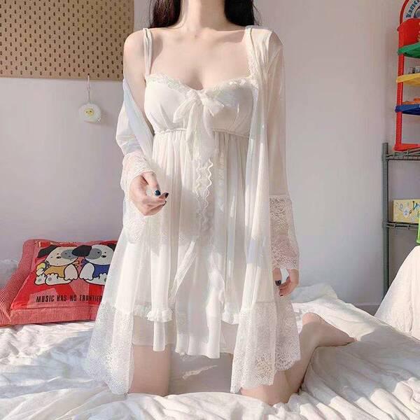 Sweet palace style lace sleepwear set for women – loose korean-inspired summer cami dress & matching shorts, featuring delica...