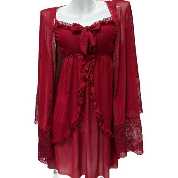 Sweet Palace Style Lace Sleepwear Set for Women – Loose Korean-Inspired Summer Cami Dress & Matching Shorts - Claret