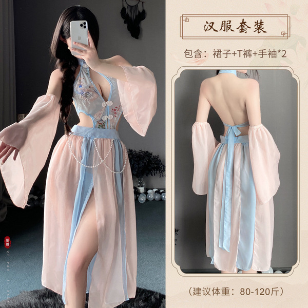 Seductive Sheer Lingerie Sleepwear Set – Vintage Chinese-Inspired Hanfu Qipao Style No-Remove Outfit - Image color