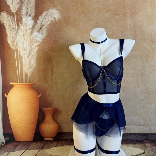 Adorable Sheer Lace Babydoll Set with Chain Detail & Thigh Highs - Sexy Lingerie for Women - Dark blue (5-piece set)