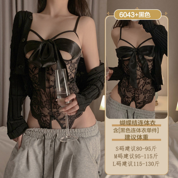 Pure & Tempting Lace Lingerie Set - Sheer Sensual Sleepwear for Small Bust, Erotic Costume Outfit - 6043 Black Bow-Tie Bodysuit with Open Crotch for No Need to Take Off