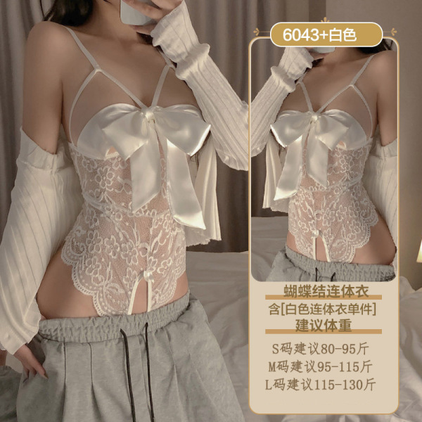 Sexy Lace Lingerie Set for Small Bust - Sheer Push-Up Bodysuit with Seductive Uniform Style Sleepwear - 6043 White Bow-Tie Bodysuit with Open Crotch for No Need to Take Off
