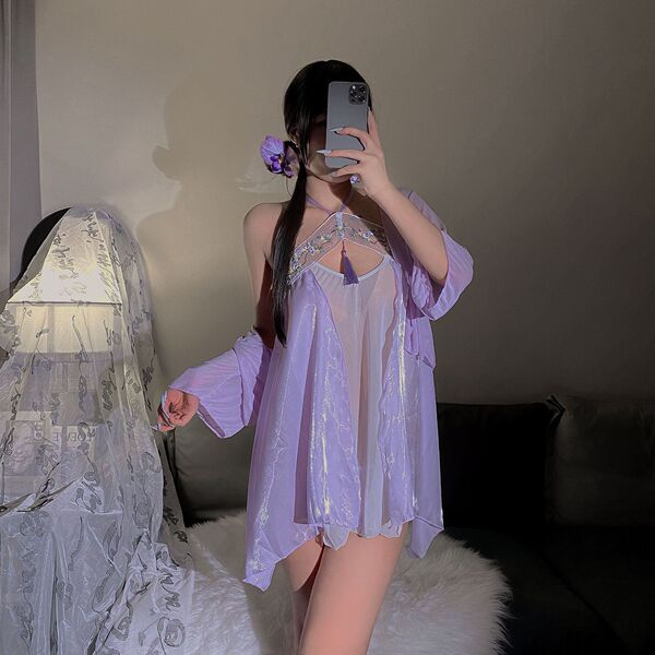 Vintage Chinese-Style Lingerie Set - Plus Size Silk Qipao Role Play Outfit for Sensual & Elegant Wear - Purple