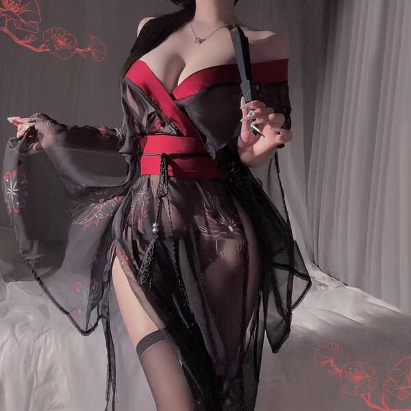 Elegant sensual hanfu lingerie set featuring ancient chinese style design, perfect for bedroom wear with intricate floral pat...