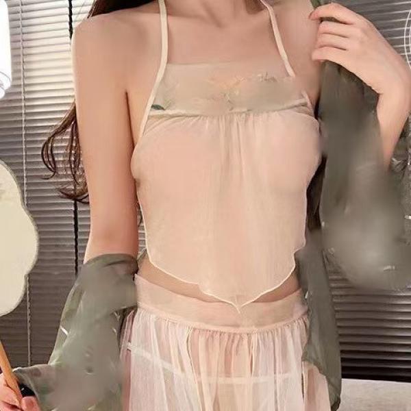 Pure & alluring hanfu lingerie set for women – sheer mesh cheongsam-inspired split skirt with traditional bodice